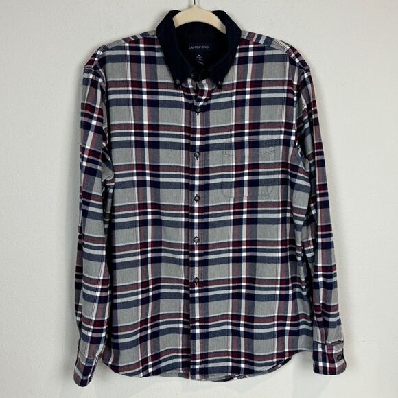 Lands’ End Plaid Grey Flannel Corduroy Collar Button Up Shirt M - Picture 1 of 8